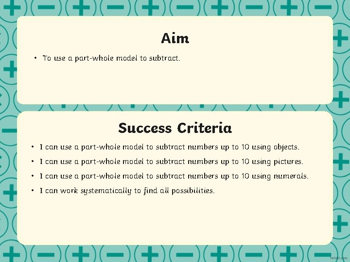 Aim • To use a part-whole model to subtract. Success Criteria 1 Lorem ipsum