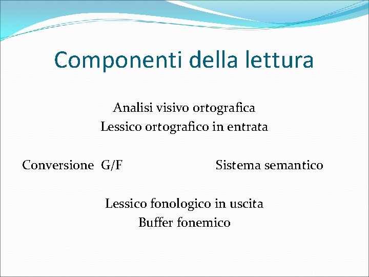 Componenti della lettura Analisi visivo ortografica Lessico ortografico in entrata Conversione G/F Sistema semantico