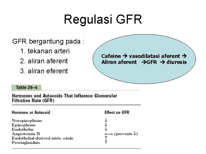 Regulasi GFR bergantung pada : 1. tekanan arteri 2. aliran aferent 3. aliran eferent