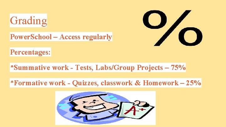 Grading Power. School – Access regularly Percentages: *Summative work - Tests, Labs/Group Projects –