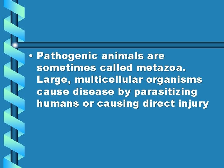  • Pathogenic animals are sometimes called metazoa. Large, multicellular organisms cause disease by