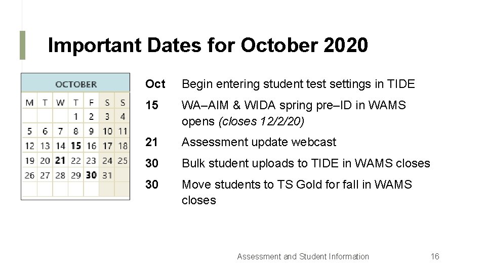 Important Dates for October 2020 Oct Begin entering student test settings in TIDE 15