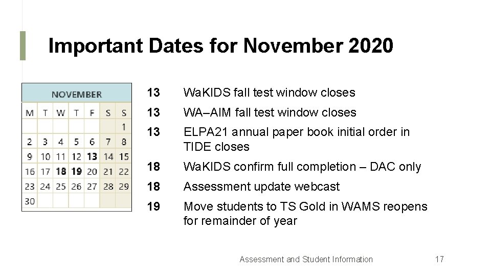 Important Dates for November 2020 13 Wa. KIDS fall test window closes 13 WA–AIM