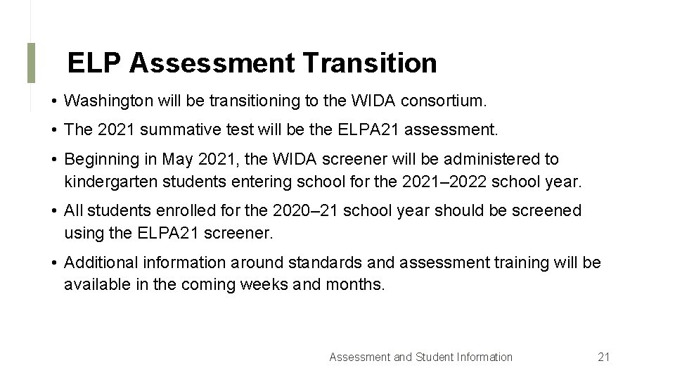 ELP Assessment Transition • Washington will be transitioning to the WIDA consortium. • The