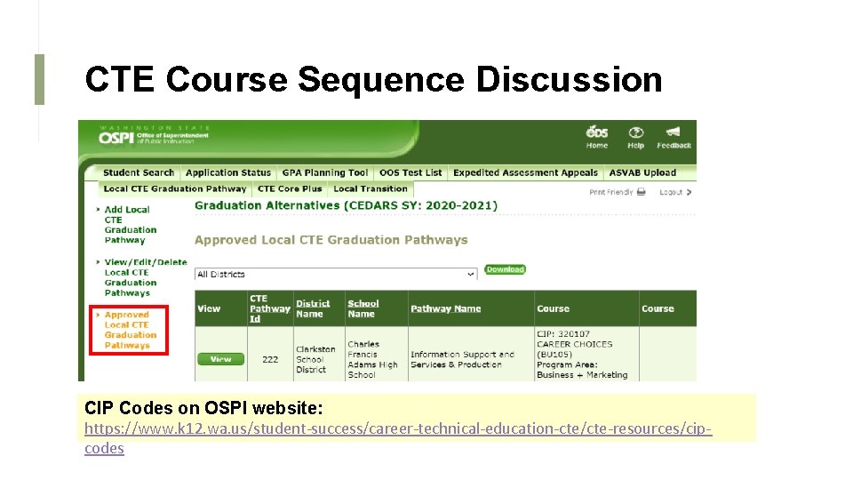 CTE Course Sequence Discussion CIP Codes on OSPI website: https: //www. k 12. wa.