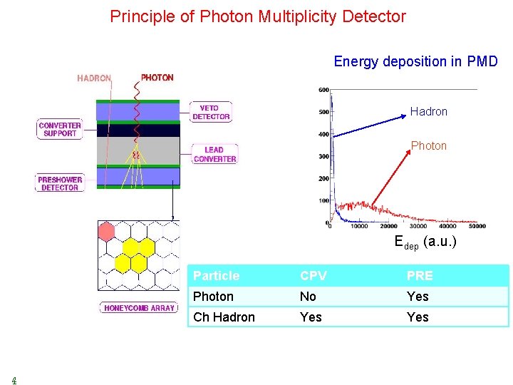 Principle of Photon Multiplicity Detector Energy deposition in PMD Hadron Photon Edep (a. u.