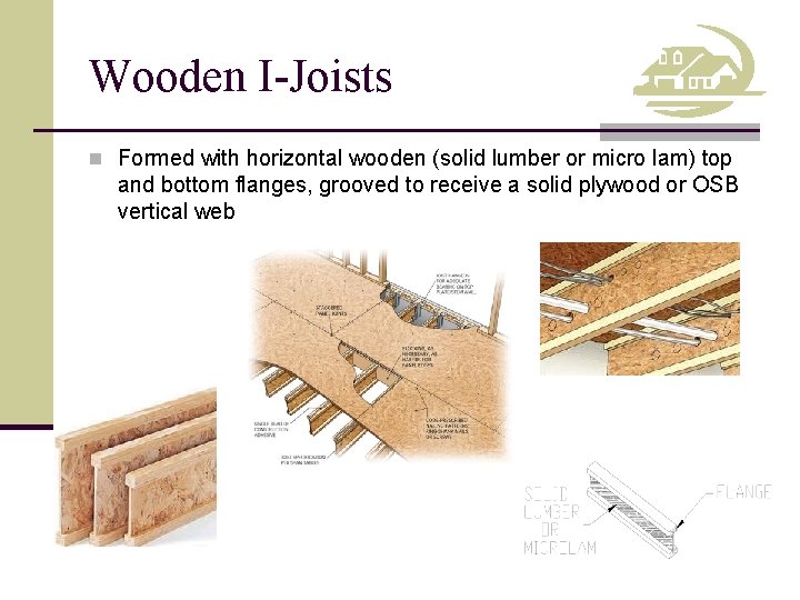 Wooden I-Joists n Formed with horizontal wooden (solid lumber or micro lam) top and