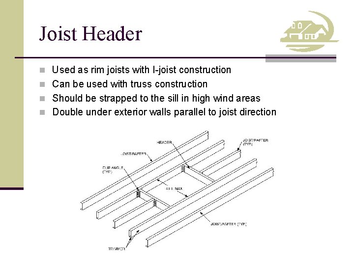 Joist Header n Used as rim joists with I-joist construction n Can be used