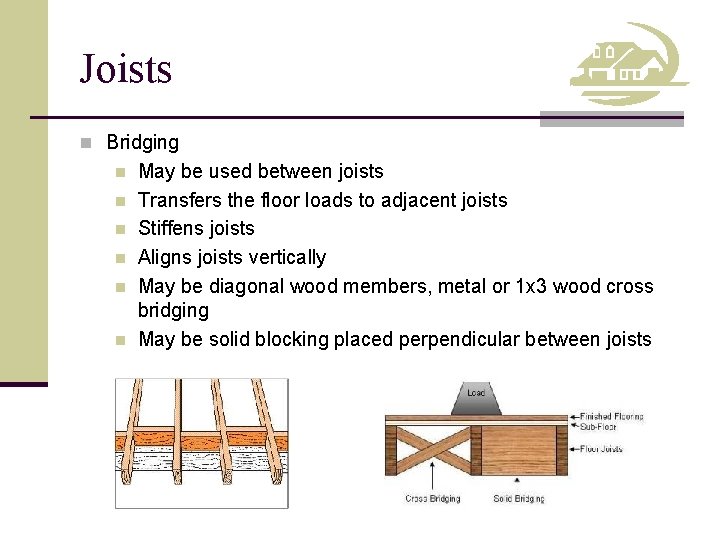 Joists n Bridging n n n May be used between joists Transfers the floor