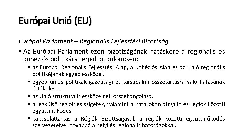 Európai Unió (EU) Európai Parlament – Regionális Fejlesztési Bizottság • Az Európai Parlament ezen