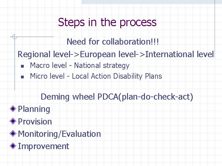 Steps in the process Need for collaboration!!! Regional level->European level->International level n n Macro Steps in the process Need for collaboration!!! Regional level->European level->International level n n Macro