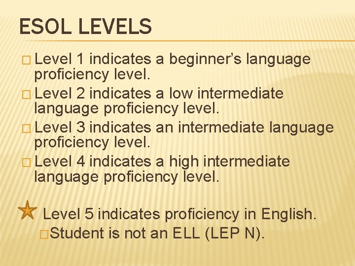 ESOL LEVELS � Level 1 indicates a beginner’s language proficiency level. � Level 2