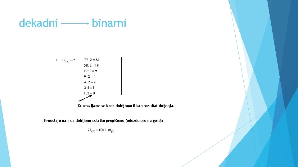 dekadni binarni Zaustavljamo se kada dobijemo 0 kao rezultat deljenja. Preostaje nam da dobijene