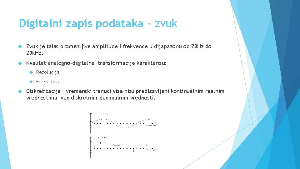 Digitalni zapis podataka - zvuk Zvuk je talas promenljive amplitude i frekvence u dijapazonu