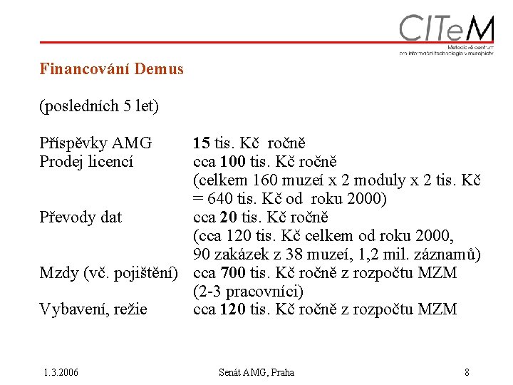 Financování Demus (posledních 5 let) Příspěvky AMG Prodej licencí 15 tis. Kč ročně cca