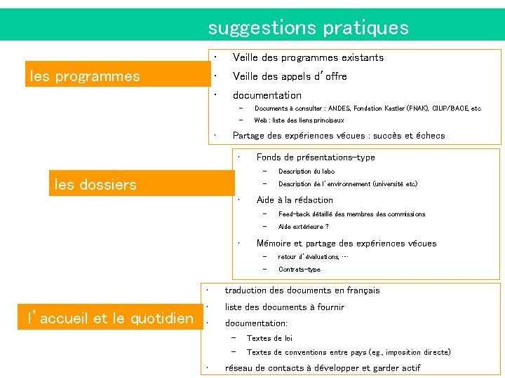 suggestions pratiques les programmes • Veille des programmes existants • Veille des appels d’offre