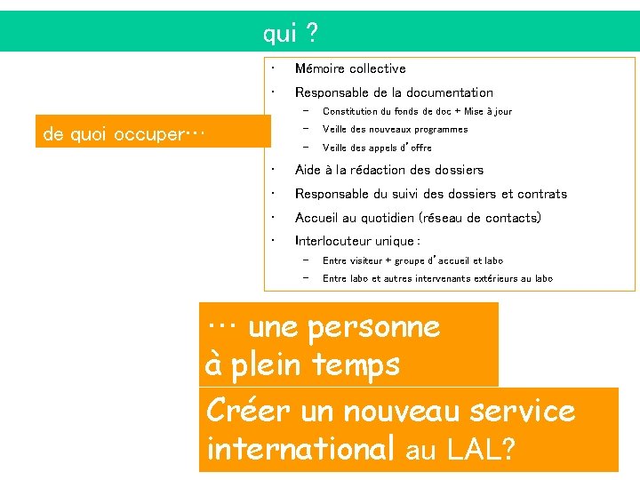 qui ? • Mémoire collective • Responsable de la documentation de quoi occuper… –