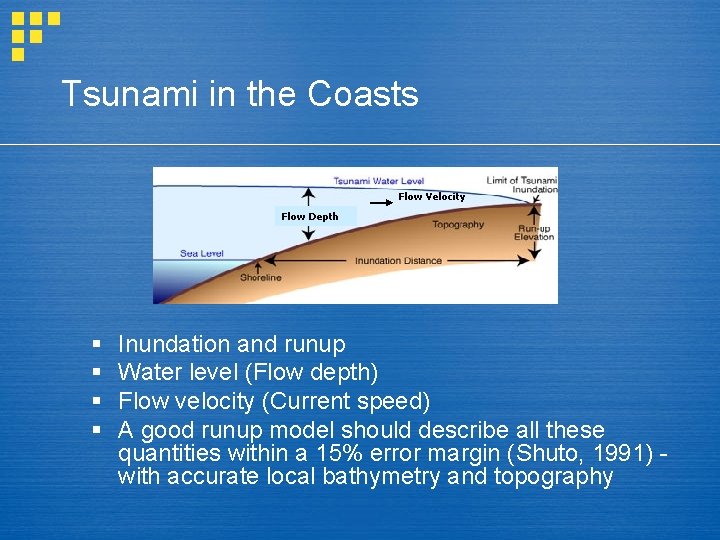 Tsunami in the Coasts Flow Velocity Flow Depth § § Inundation and runup Water
