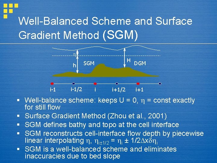 Well-Balanced Scheme and Surface Gradient Method (SGM) h i-1/2 H SGM i i+1/2 DGM