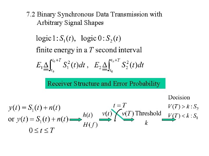 7. 2 Binary Synchronous Data Transmission with Arbitrary Signal Shapes Receiver Structure and Error