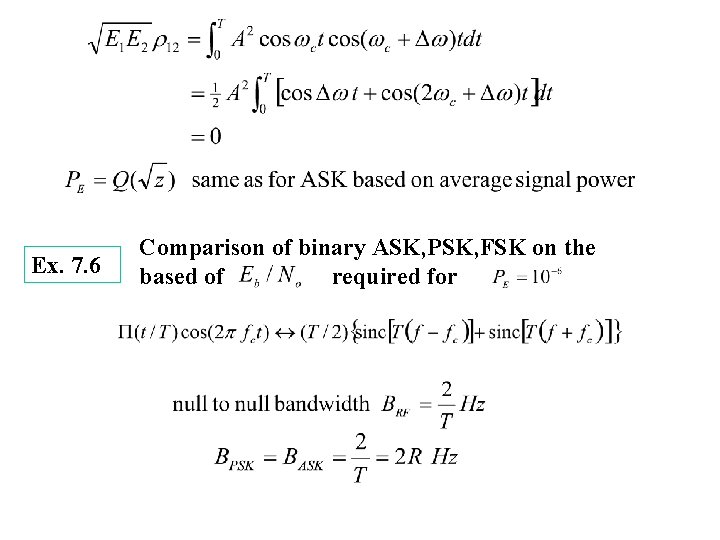 Ex. 7. 6 Comparison of binary ASK, PSK, FSK on the based of required