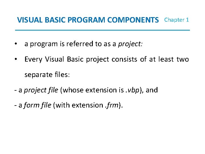 VISUAL BASIC PROGRAM COMPONENTS Chapter 1 • a program is referred to as a VISUAL BASIC PROGRAM COMPONENTS Chapter 1 • a program is referred to as a