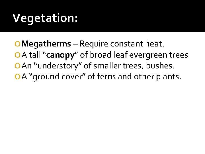 Vegetation: Megatherms – Require constant heat. A tall “canopy” of broad leaf evergreen trees