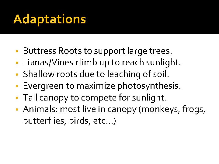 Adaptations • • • Buttress Roots to support large trees. Lianas/Vines climb up to