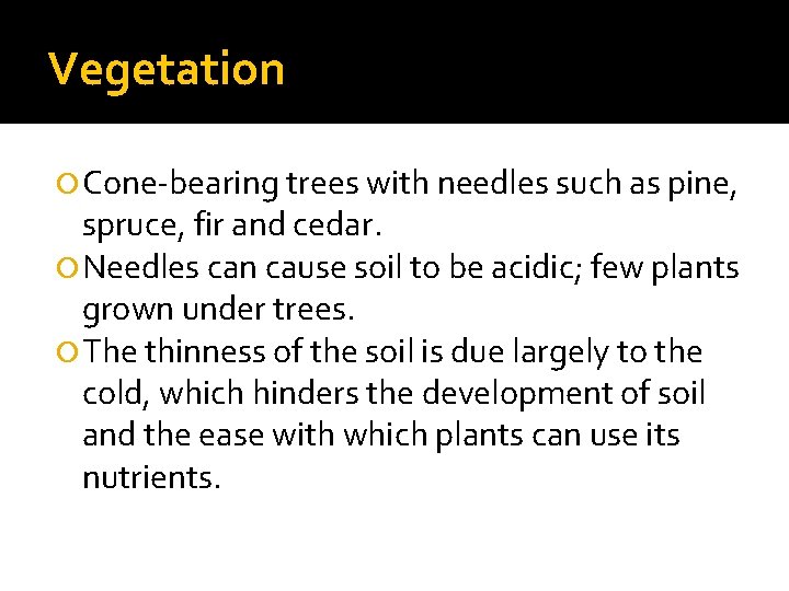 Vegetation Cone-bearing trees with needles such as pine, spruce, fir and cedar. Needles can