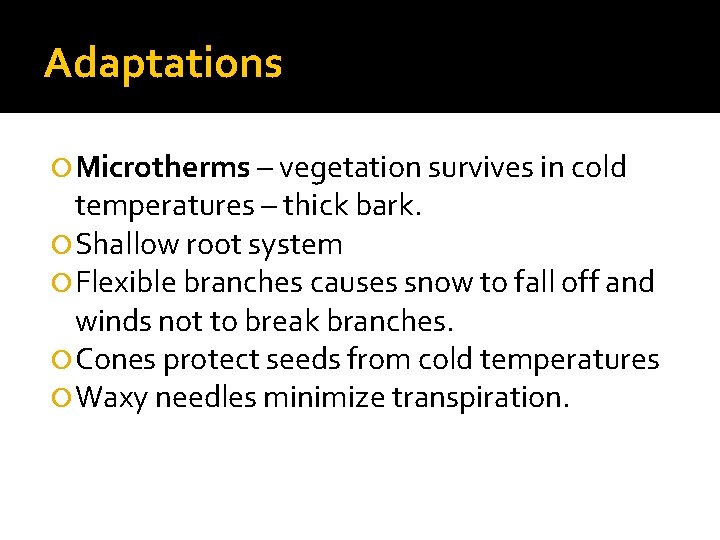 Adaptations Microtherms – vegetation survives in cold temperatures – thick bark. Shallow root system