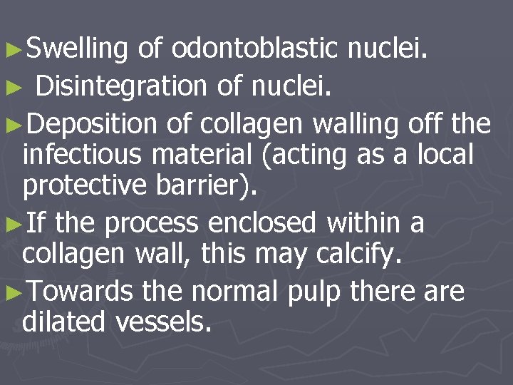 ►Swelling of odontoblastic nuclei. ► Disintegration of nuclei. ►Deposition of collagen walling off the