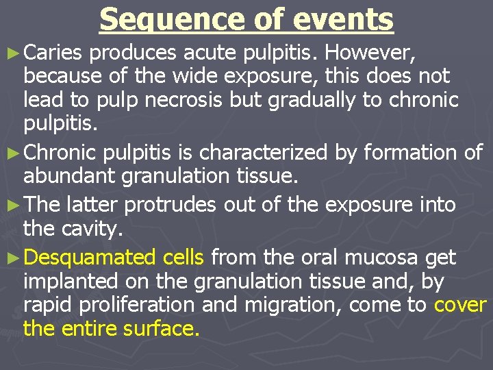 Sequence of events ► Caries produces acute pulpitis. However, because of the wide exposure,
