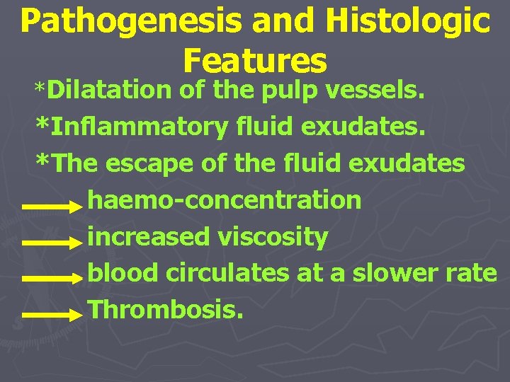 Pathogenesis and Histologic Features *Dilatation of the pulp vessels. *Inflammatory fluid exudates. *The escape