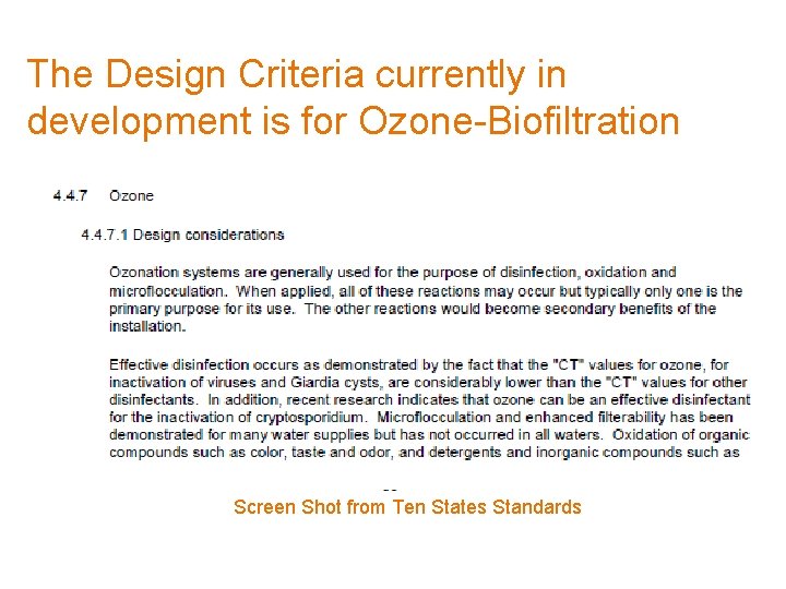 The Design Criteria currently in development is for Ozone-Biofiltration Screen Shot from Ten States