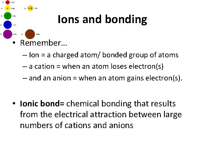 Ions and bonding • Remember… – Ion = a charged atom/ bonded group of