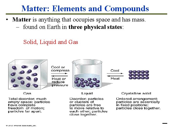 Matter: Elements and Compounds • Matter is anything that occupies space and has mass.