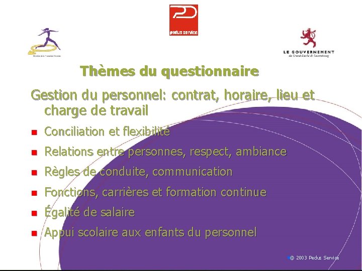 Thèmes du questionnaire Gestion du personnel: contrat, horaire, lieu et charge de travail n