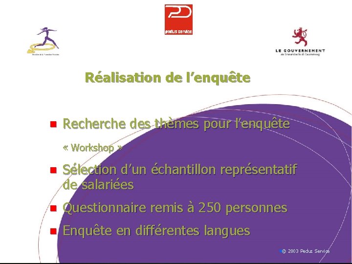 Réalisation de l’enquête n Recherche des thèmes pour l’enquête « Workshop » n Sélection