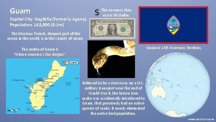 Guam Capital City: Hagåtña (formerly Agana) Population: 162, 000 (0. 1 m) The currency
