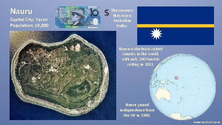Nauru Capital City: Yaren Population: 10, 000 The currency they use is Australian Dollar.