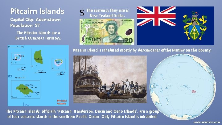 Pitcairn Islands Capital City: Adamstown Population: 57 The currency they use is New Zealand