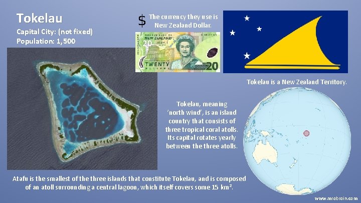 Tokelau Capital City: (not fixed) Population: 1, 500 The currency they use is New