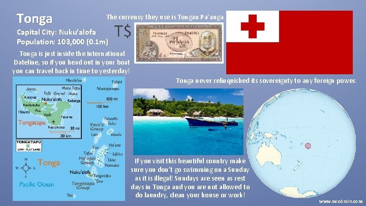 Tonga The currency they use is Tongan Pa’anga. Capital City: Nuku’alofa Population: 103, 000