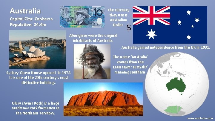 Australia The currency they use is Australian Dollar. Capital City: Canberra Population: 24. 4