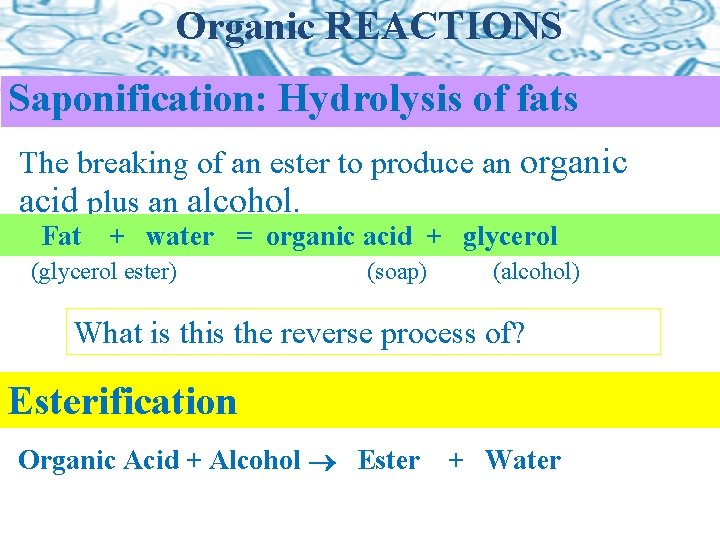 Organic REACTIONS Saponification: Hydrolysis of fats The breaking of an ester to produce an