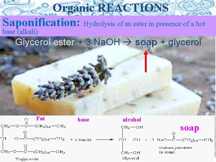 Organic REACTIONS Saponification: Hydrolysis of an ester in presence of a hot base (alkali)