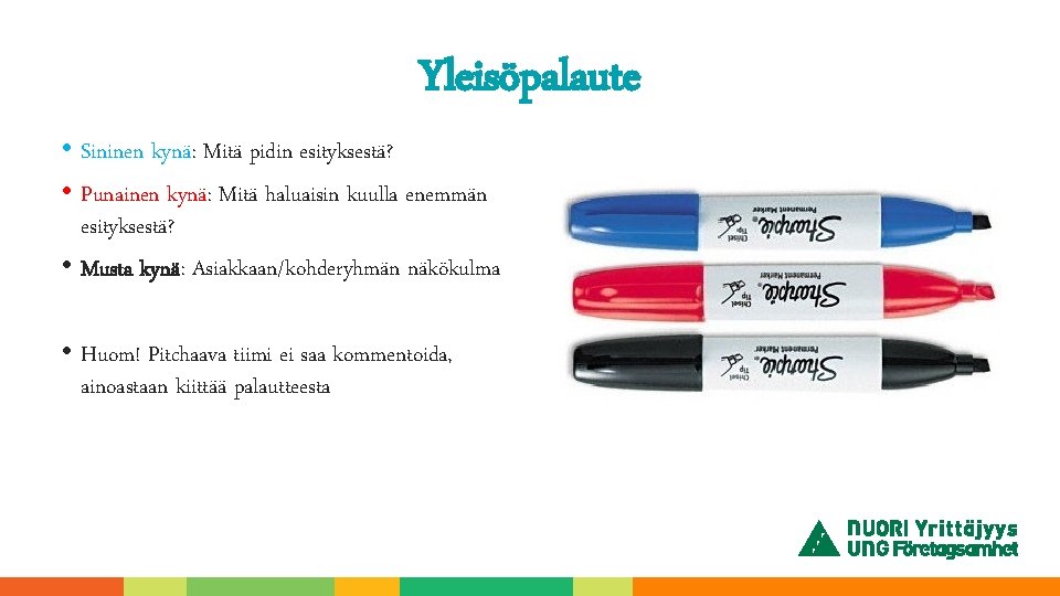 Yleisöpalaute • Sininen kynä: Mitä pidin esityksestä? • Punainen kynä: Mitä haluaisin kuulla enemmän