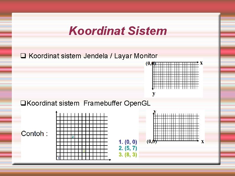 Koordinat Sistem q Koordinat sistem Jendela / Layar Monitor q. Koordinat sistem Framebuffer Open.