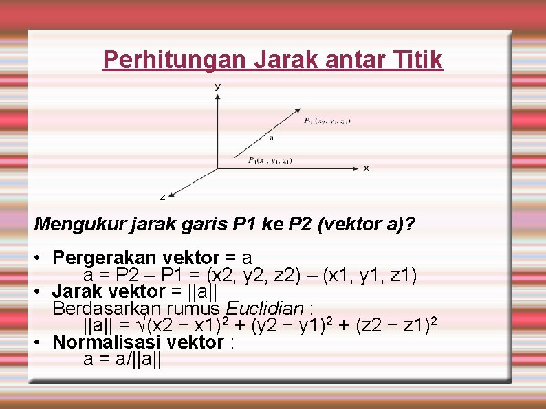 Perhitungan Jarak antar Titik Mengukur jarak garis P 1 ke P 2 (vektor a)?