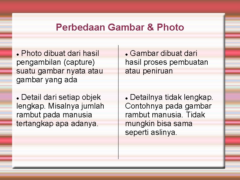 Perbedaan Gambar & Photo dibuat dari hasil pengambilan (capture) suatu gambar nyata atau gambar